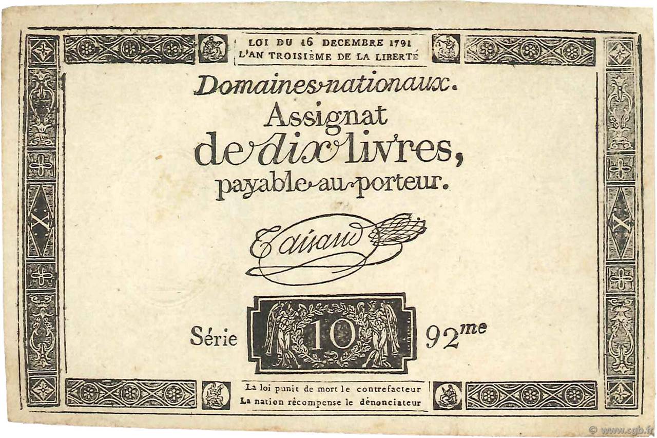 10 Livres Faux FRANCE  1791 Ass.21e TTB+