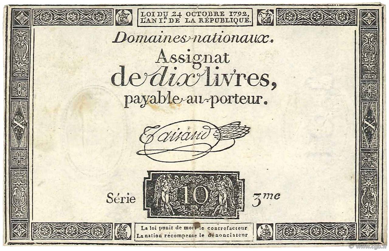 10 Livres filigrane royal Petit numéro FRANCE  1792 Ass.36a TTB