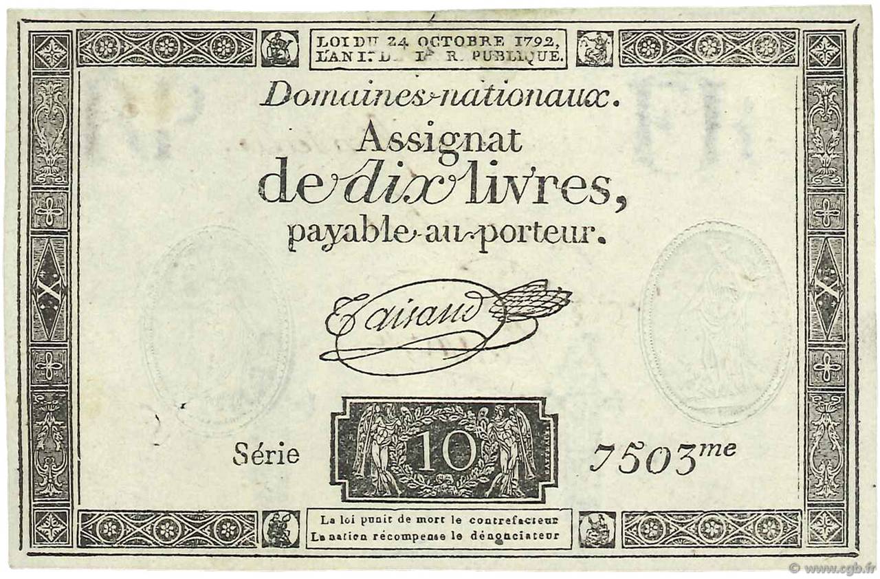 10 Livres filigrane républicain Vérificateur FRANCE  1792 Ass.36v SUP