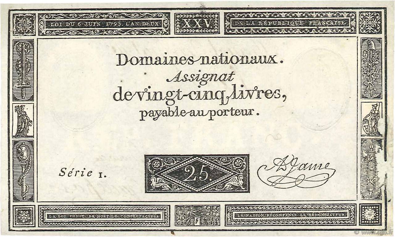 25 Livres Vérificateur FRANCE  1793 Ass.43b SPL