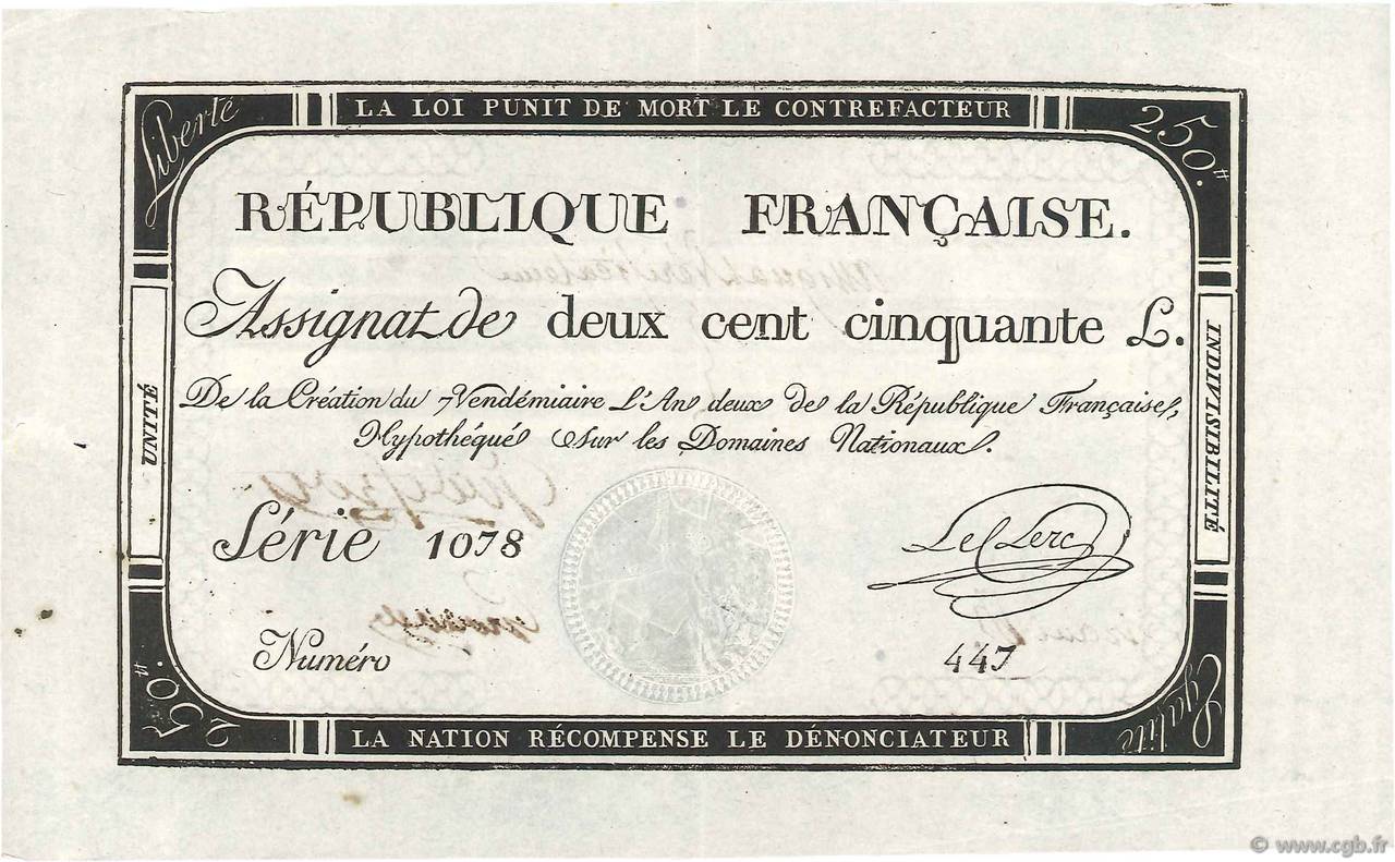 250 Livres Vérificateur FRANCE  1793 Ass.45b SPL