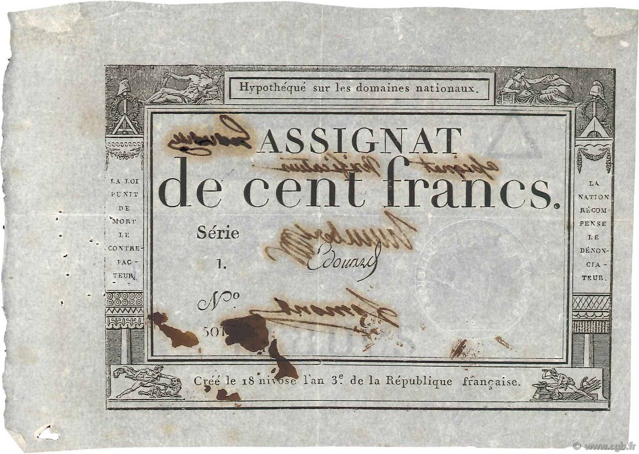 100 Francs Vérificateur FRANKREICH  1795 Ass.48v VZ