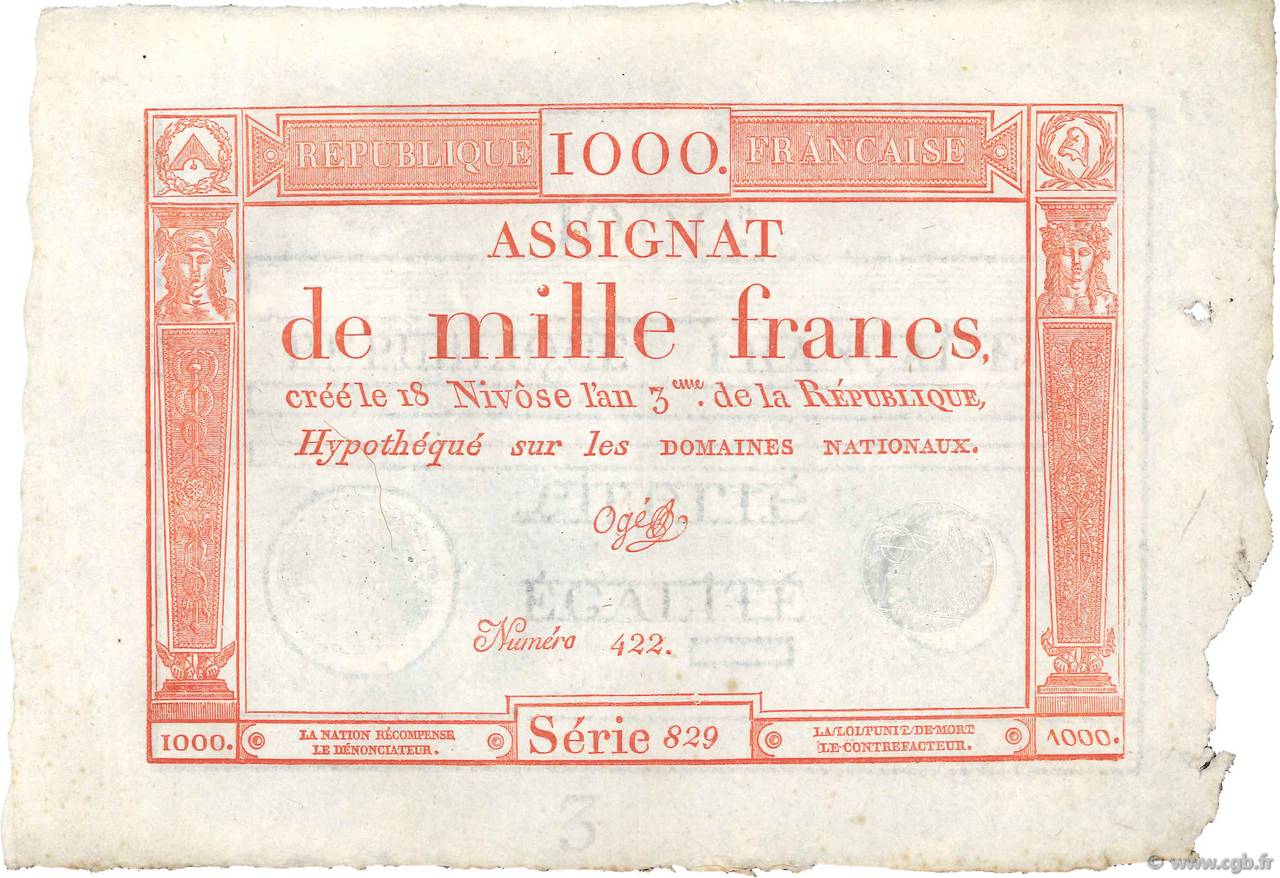 1000 Francs FRANCE  1795 Ass.50a SPL