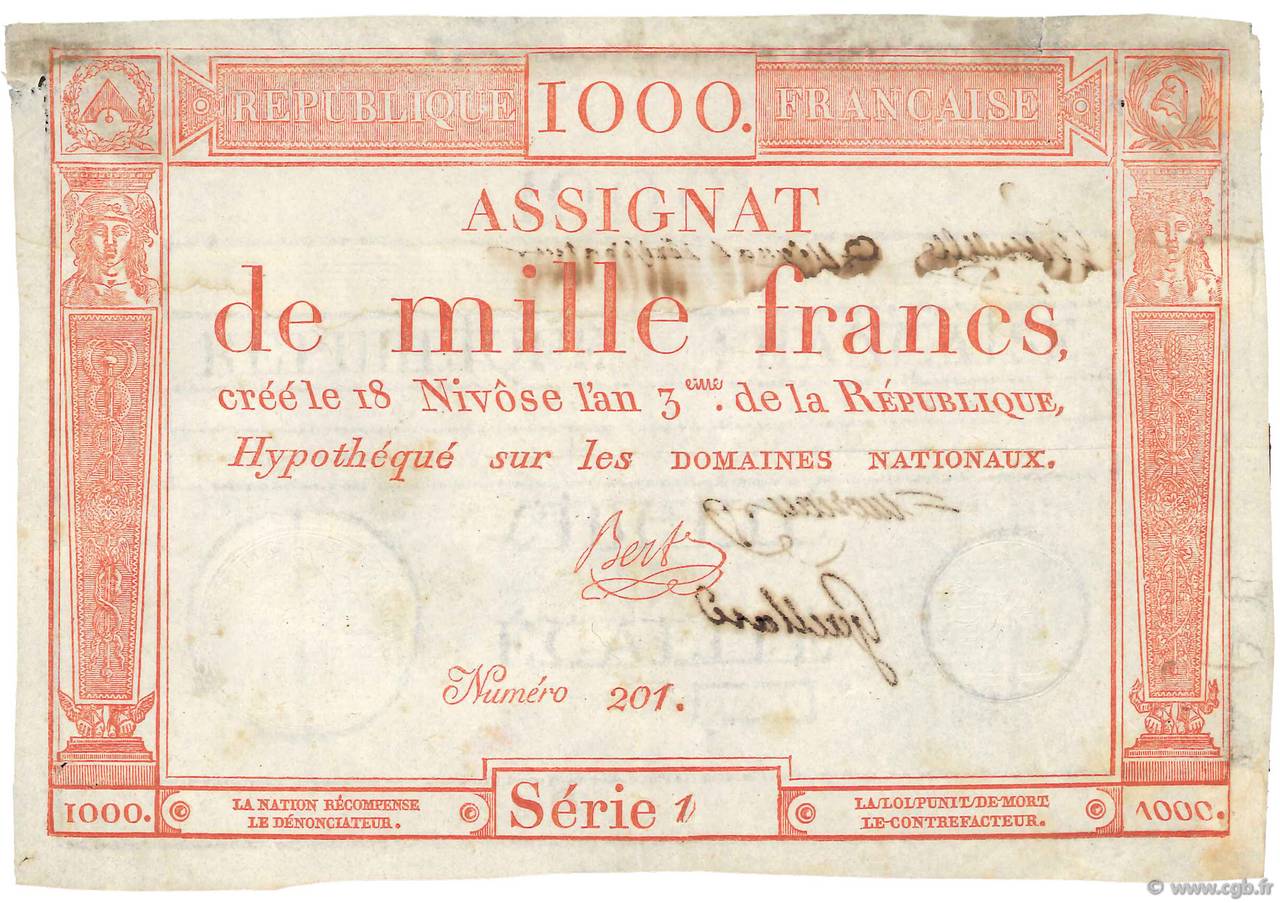 1000 Francs Vérificateur FRANCE  1795 Ass.50c TTB
