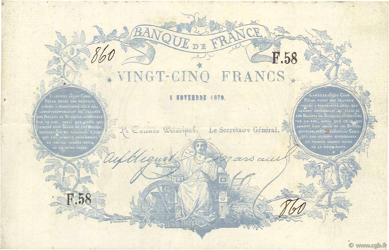25 Francs type 1870 - Clermont-Ferrand FRANCE  1870 F.A44.01 TTB