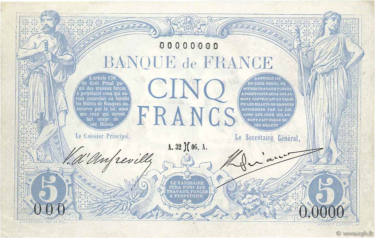 5 Francs BLEU Spécimen FRANCE  1905 F.02.00S pr.NEUF