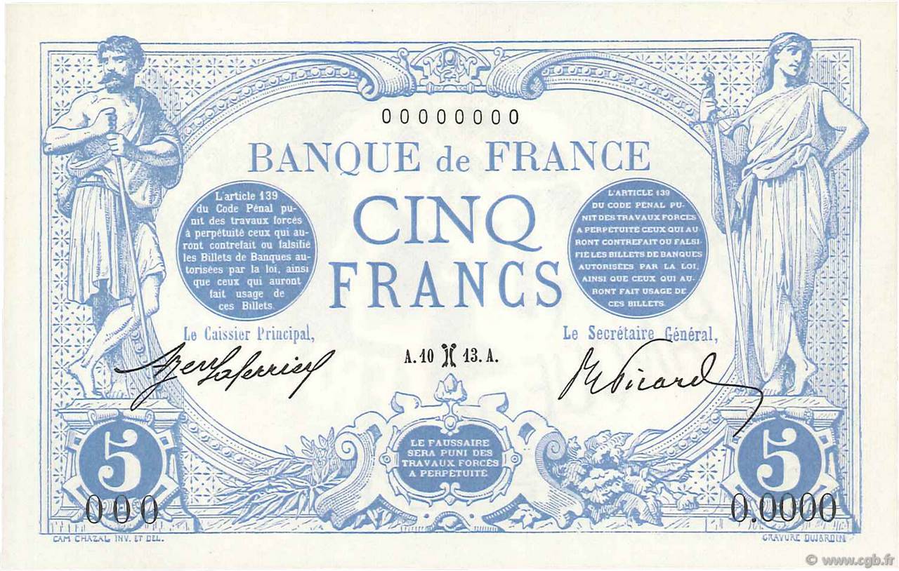 5 Francs BLEU Spécimen FRANCE  1913 F.02.13S NEUF