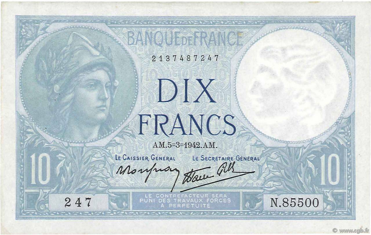 10 Francs MINERVE modifié FRANCE  1942 F.07.31 SUP à SPL