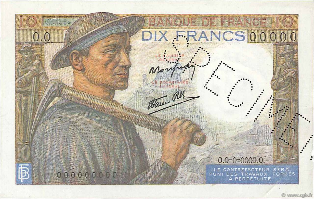 10 Francs MINEUR Spécimen FRANCE  1941 F.08.01Sp1 SUP+