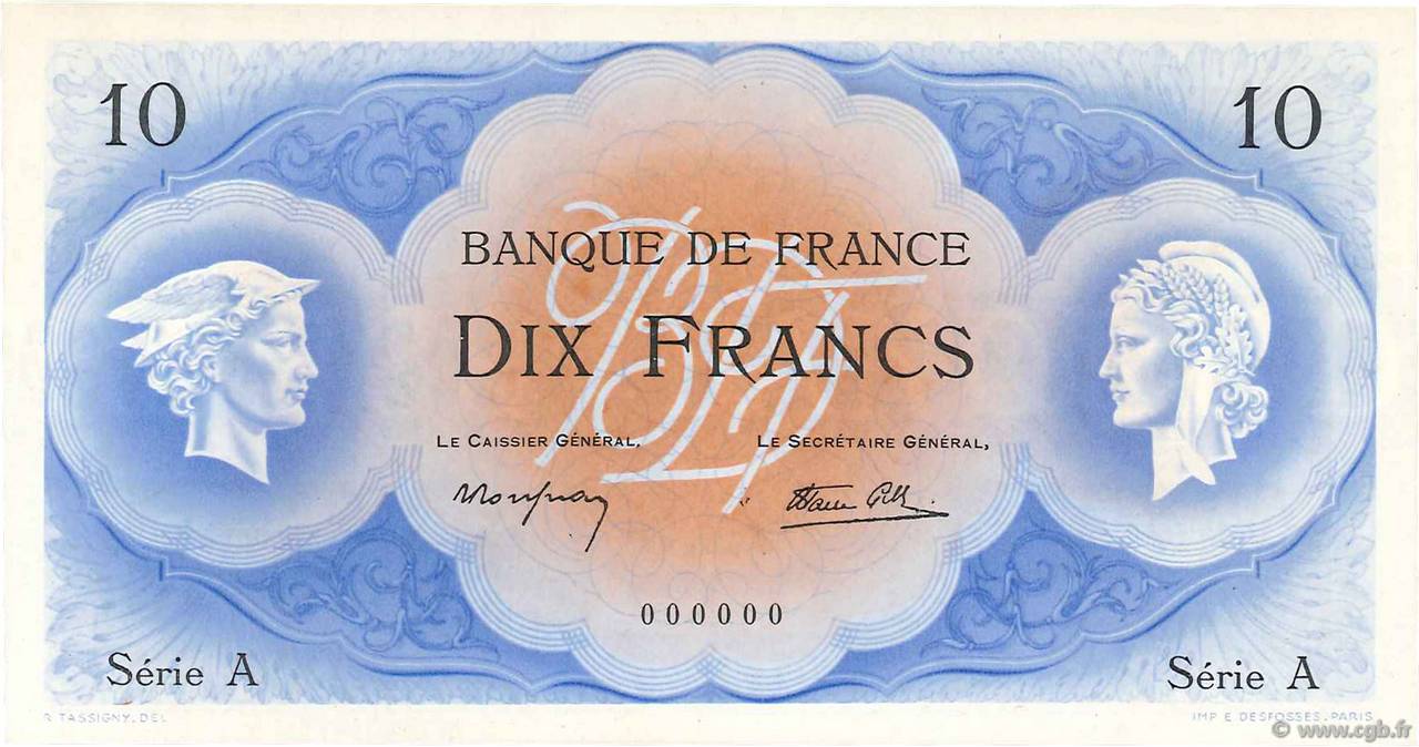 10 Francs CÉRÈS et MERCURE type 1946 Non émis FRANCE  1946 NE.1946.01a NEUF