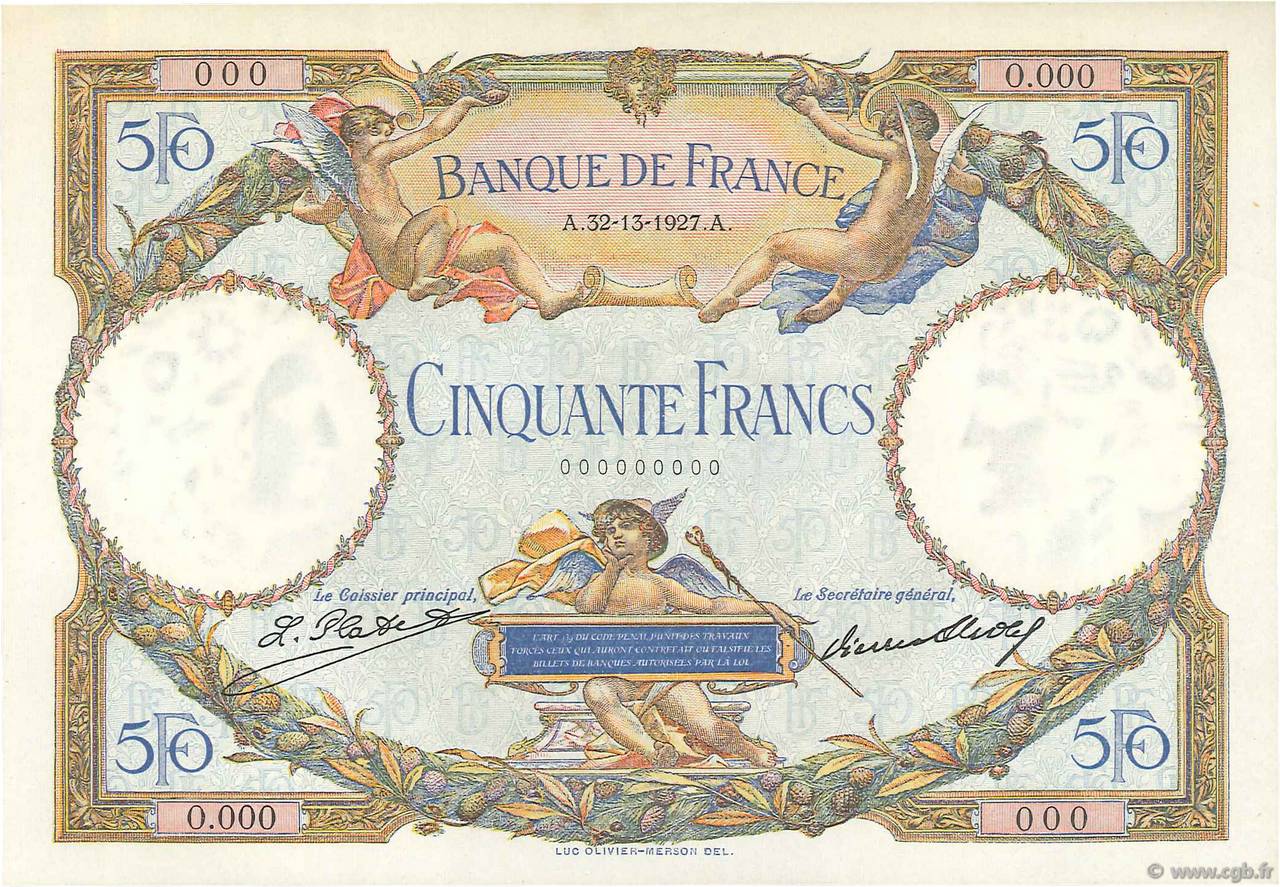 50 Francs LUC OLIVIER MERSON Spécimen FRANCE  1927 F.15.01S pr.NEUF