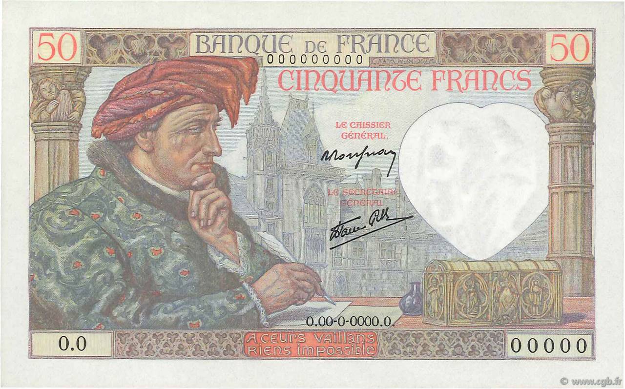 50 Francs JACQUES CŒUR Spécimen FRANCE  1940 F.19.01S pr.NEUF
