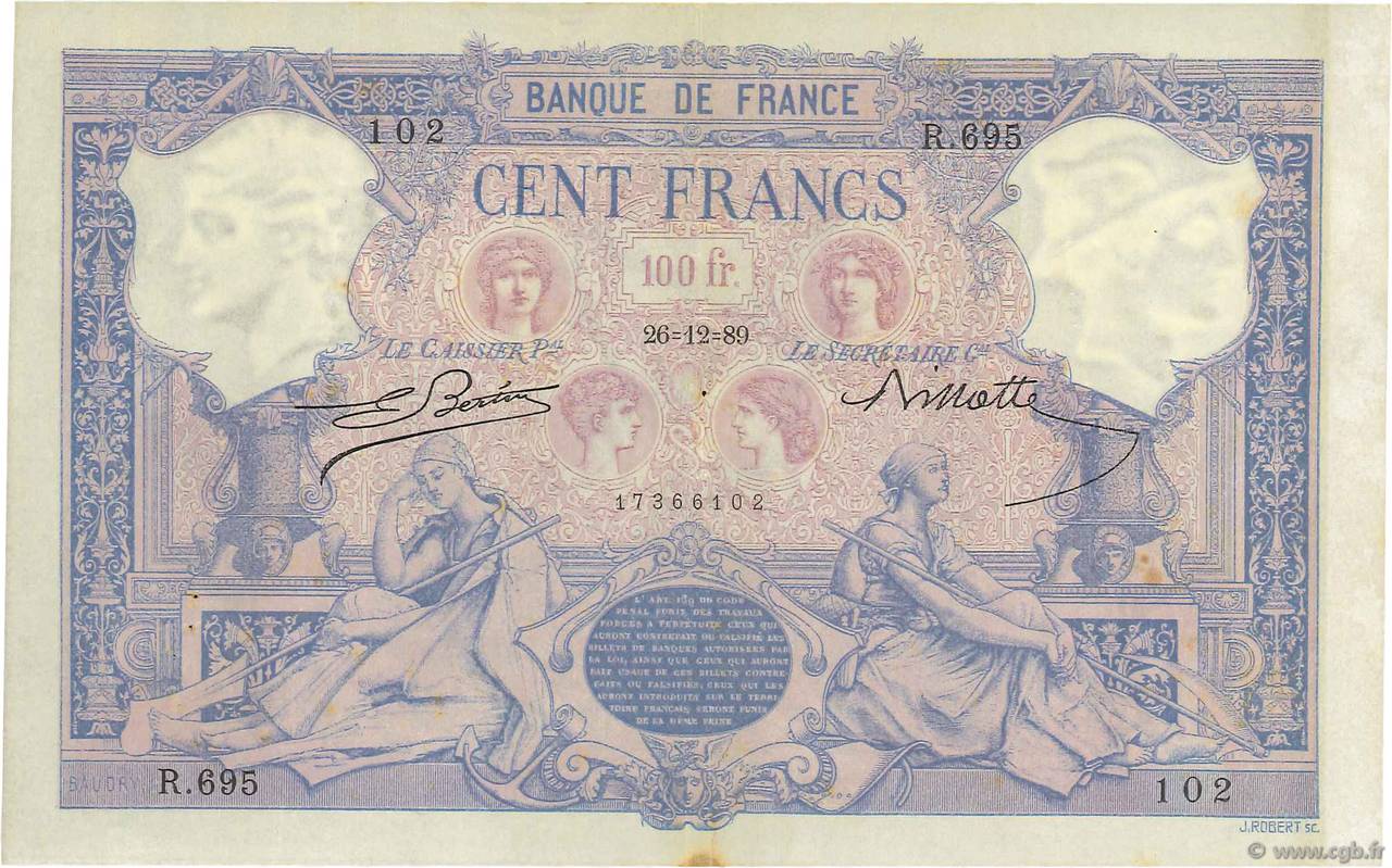 100 Francs BLEU ET ROSE FRANCE  1889 F.21.02a TTB+