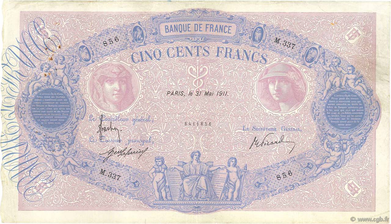 500 Francs BLEU ET ROSE FRANCE  1911 F.30.19 TB+