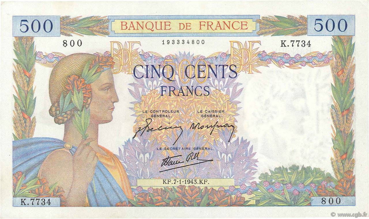 500 Francs LA PAIX FRANCE  1943 F.32.44 UNC-