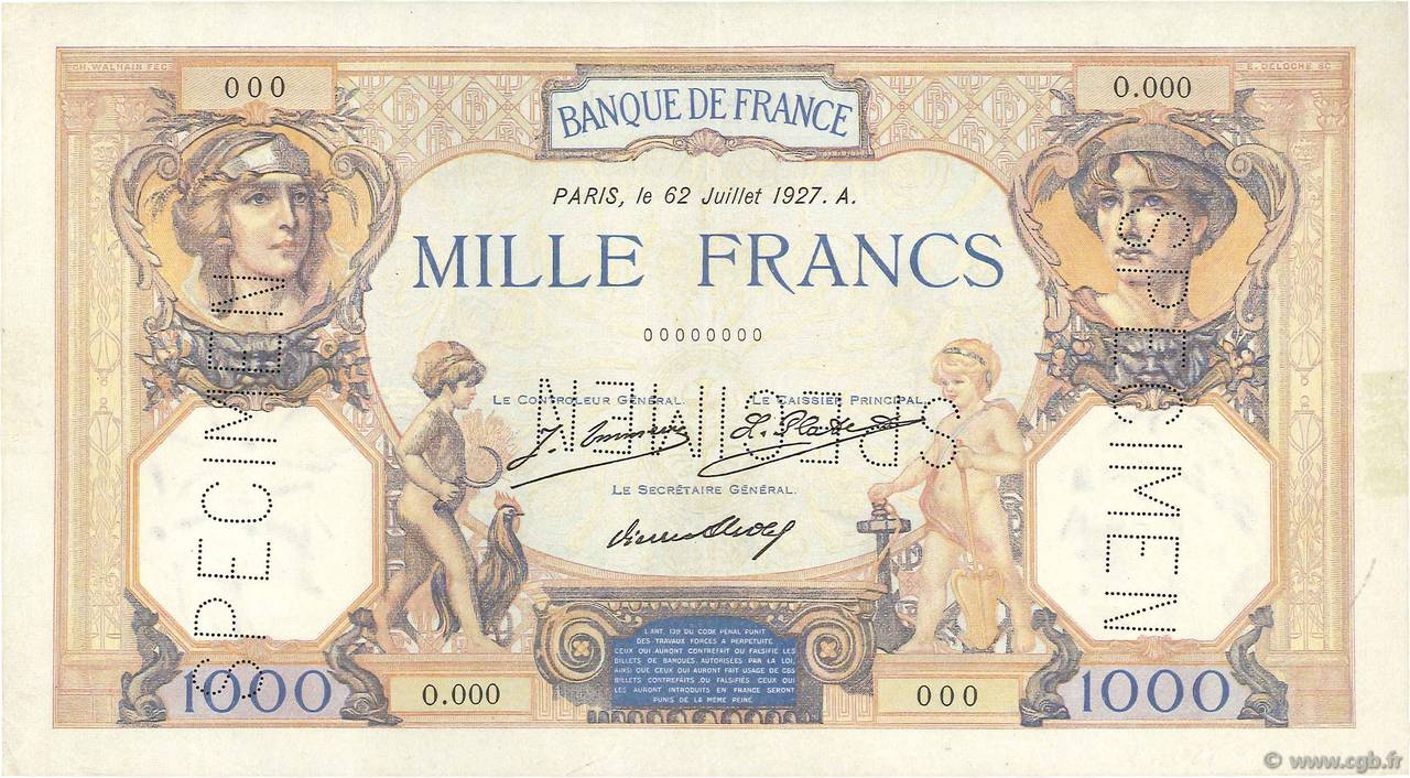 1000 Francs CÉRÈS ET MERCURE Spécimen FRANCE  1927 F.37.01Sp SUP+