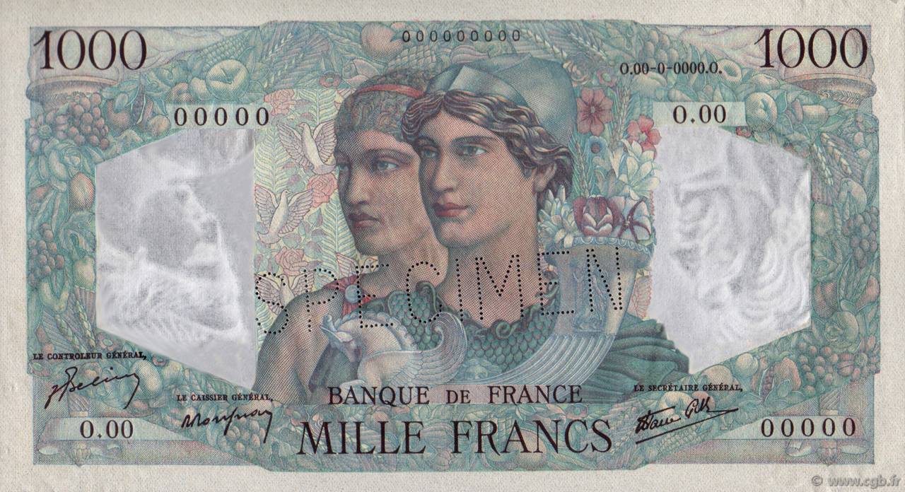 1000 Francs MINERVE ET HERCULE Spécimen FRANCE  1945 F.41.01Sp3 SPL+