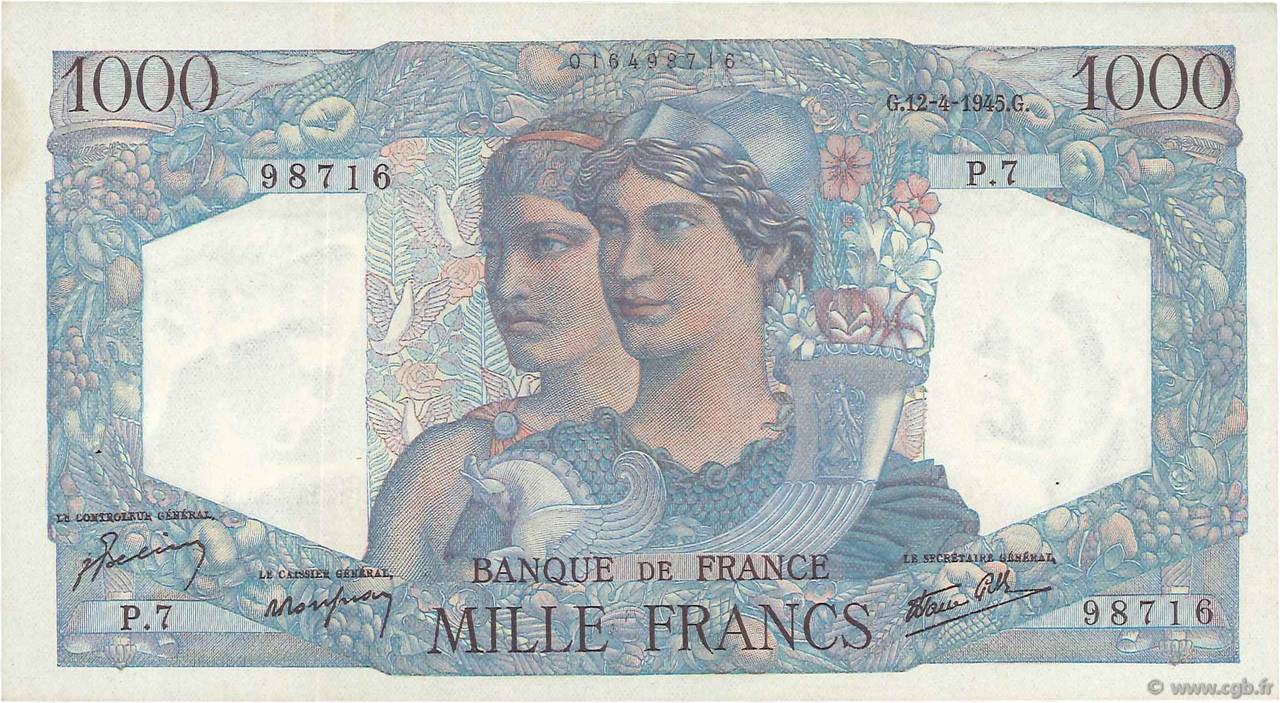 1000 Francs MINERVE ET HERCULE FRANCE  1945 F.41.01 SUP