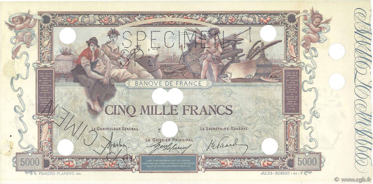 5000 Francs FLAMENG Spécimen FRANCE  1918 F.43.01Scp TTB+