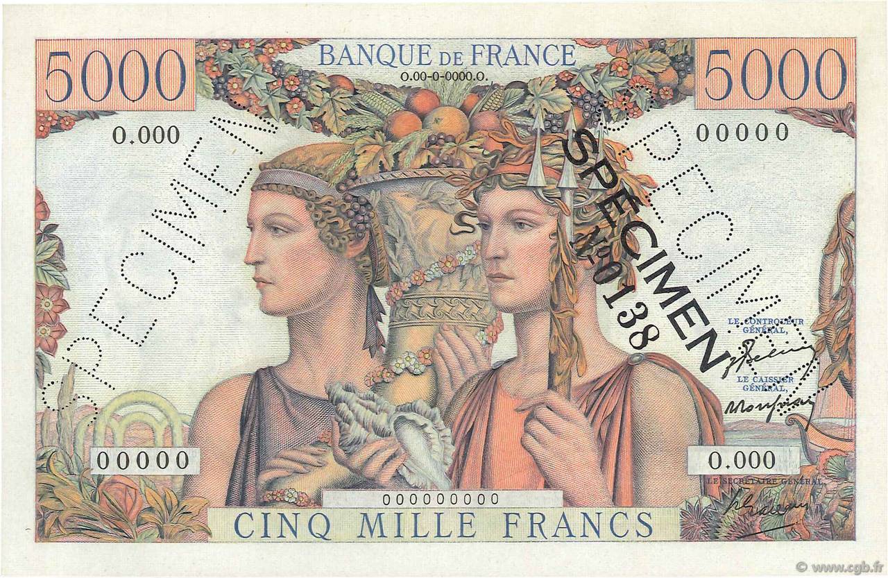 5000 Francs TERRE ET MER Spécimen FRANCE  1949 F.48.01Spn NEUF