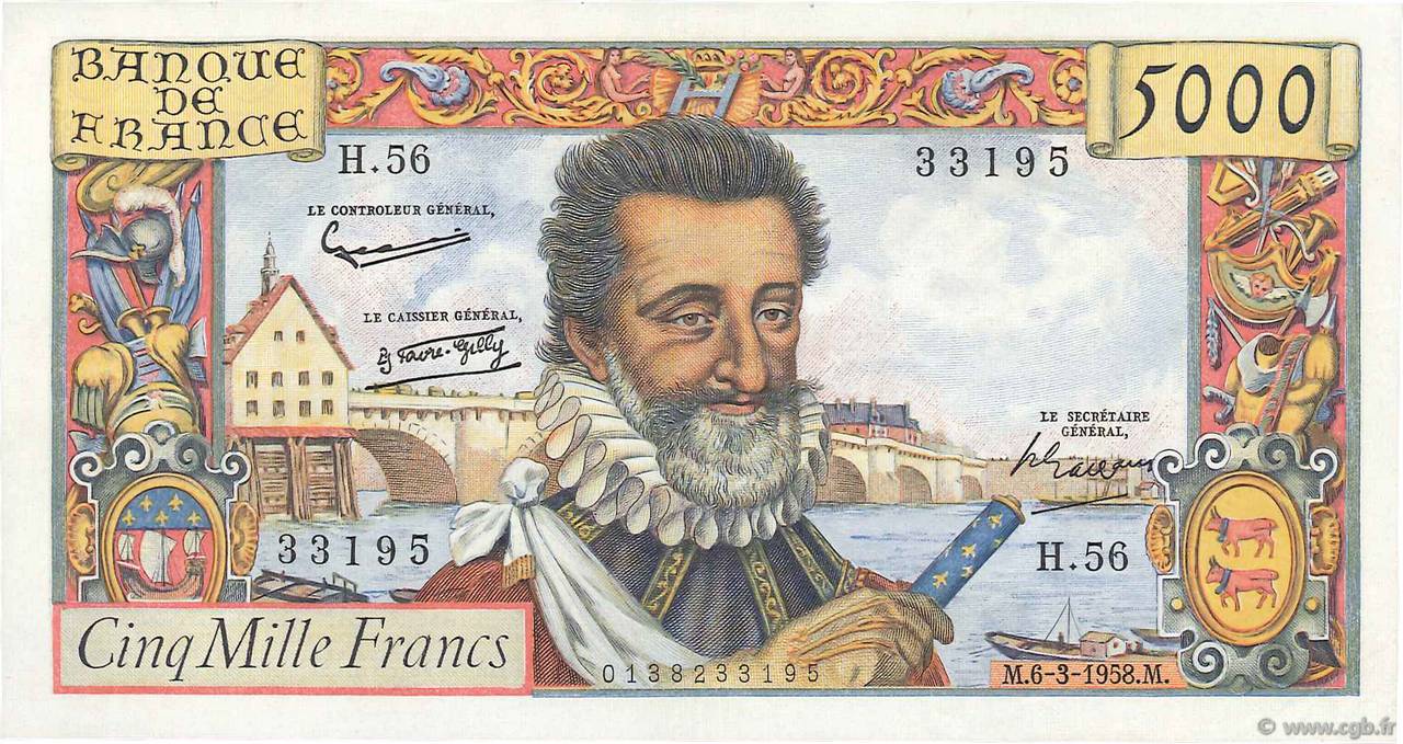 5000 Francs HENRI IV FRANCE  1958 F.49.06 SUP+