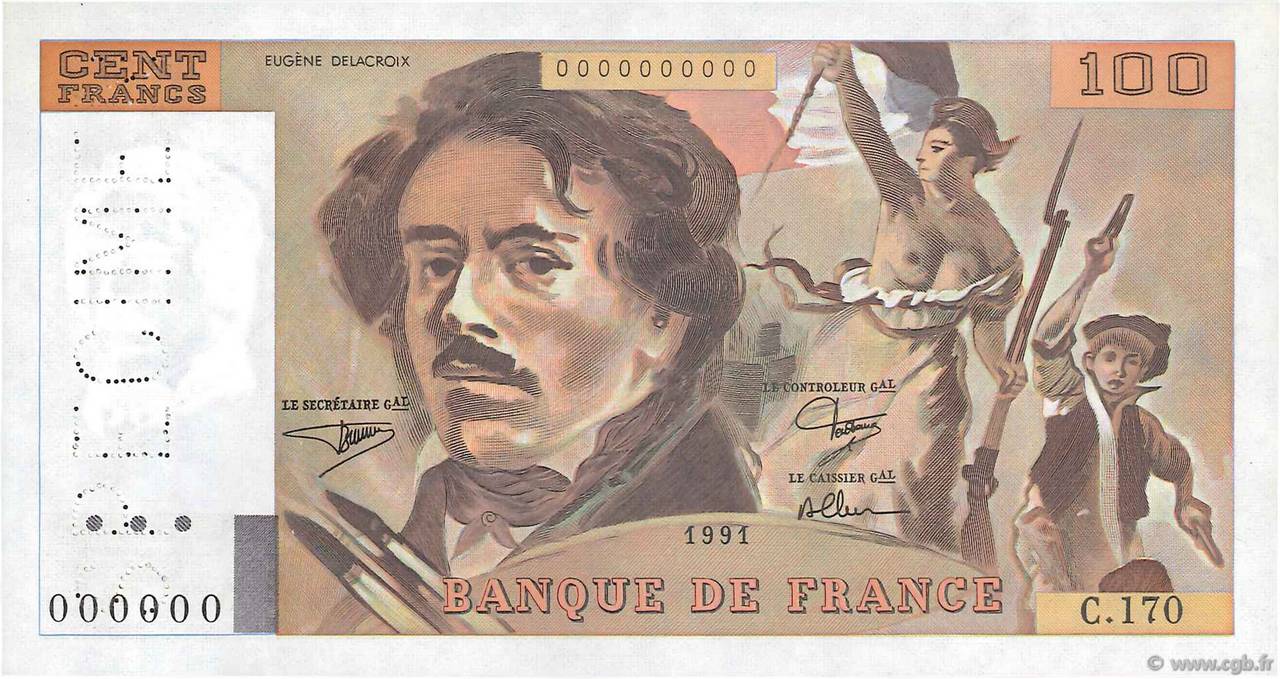 100 Francs DELACROIX imprimé en continu Spécimen FRANCE  1991 F.69bis.03Sp NEUF