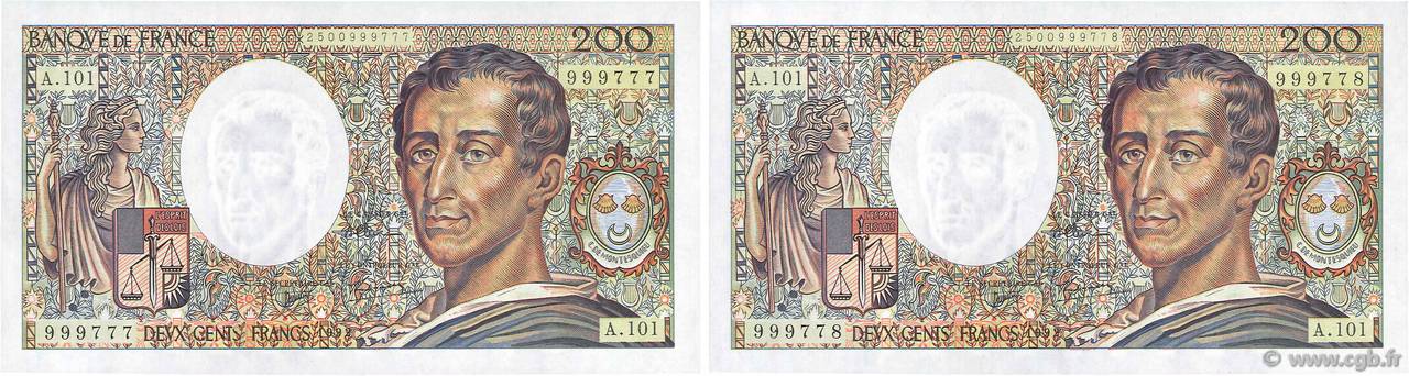 200 Francs MONTESQUIEU alphabet 101 Consécutifs FRANCIA  1992 F.70bis.01 FDC