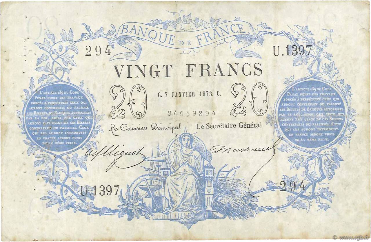 20 Francs type 1871 FRANCE  1873 F.A46.04 TB