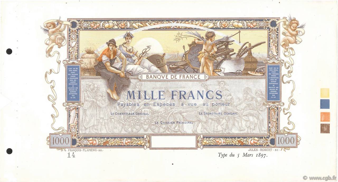 1000 Francs FLAMENG type 1897 Non émis FRANCE  1897 NE.1897.01b pr.NEUF