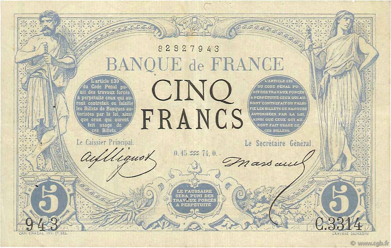 5 Francs NOIR FRANCE  1874 F.01.25 TTB