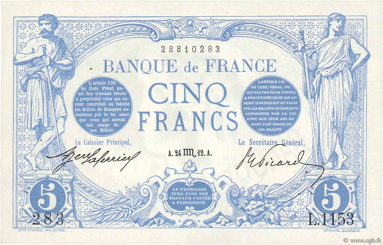 5 Francs BLEU FRANCIA  1912 F.02.10 SPL