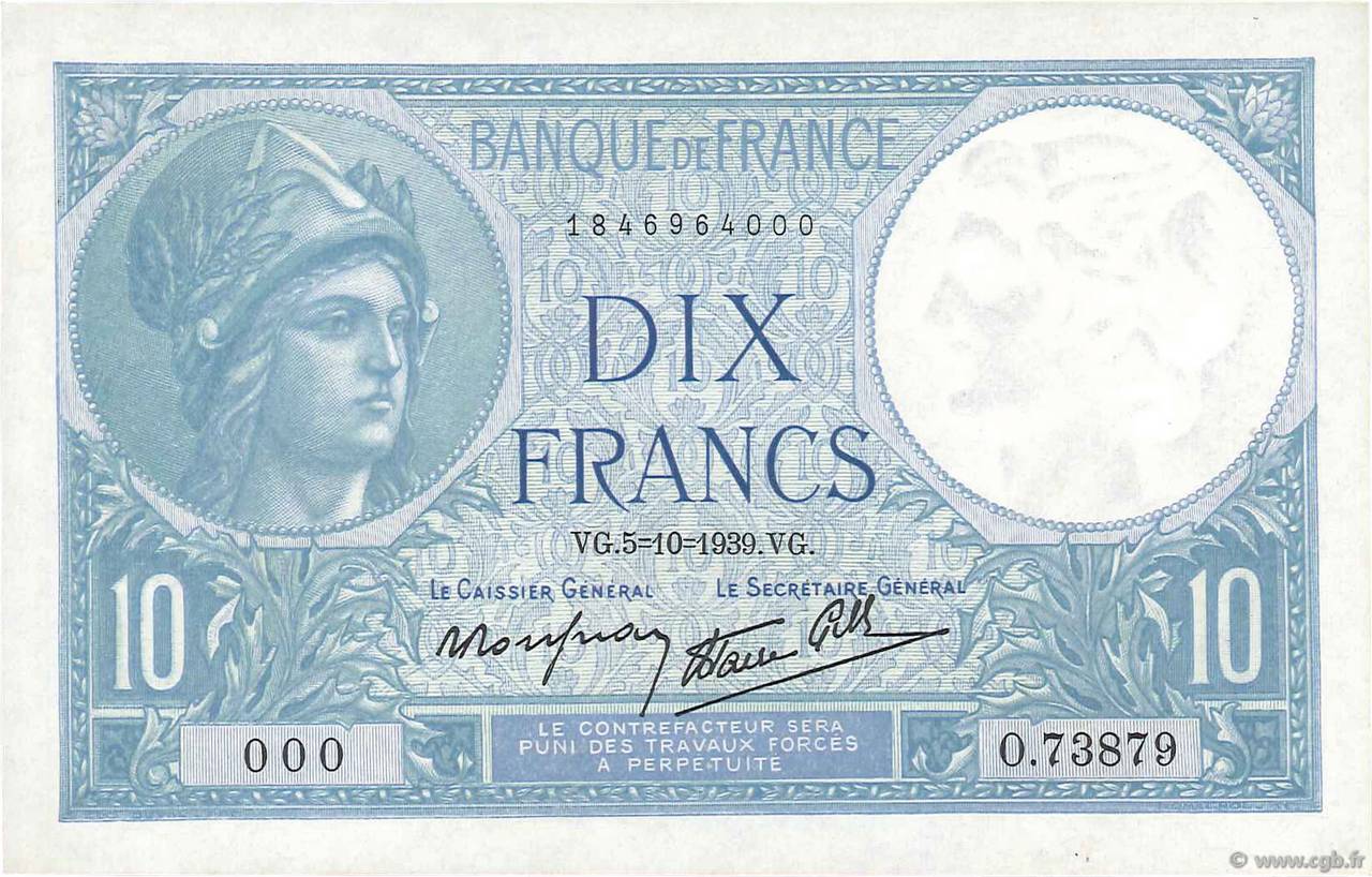 10 Francs MINERVE modifié Numéro spécial FRANCE  1939 F.07.10 pr.SPL