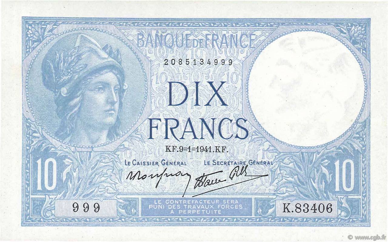 10 Francs MINERVE modifié Numéro spécial FRANCE  1941 F.07.27 SUP