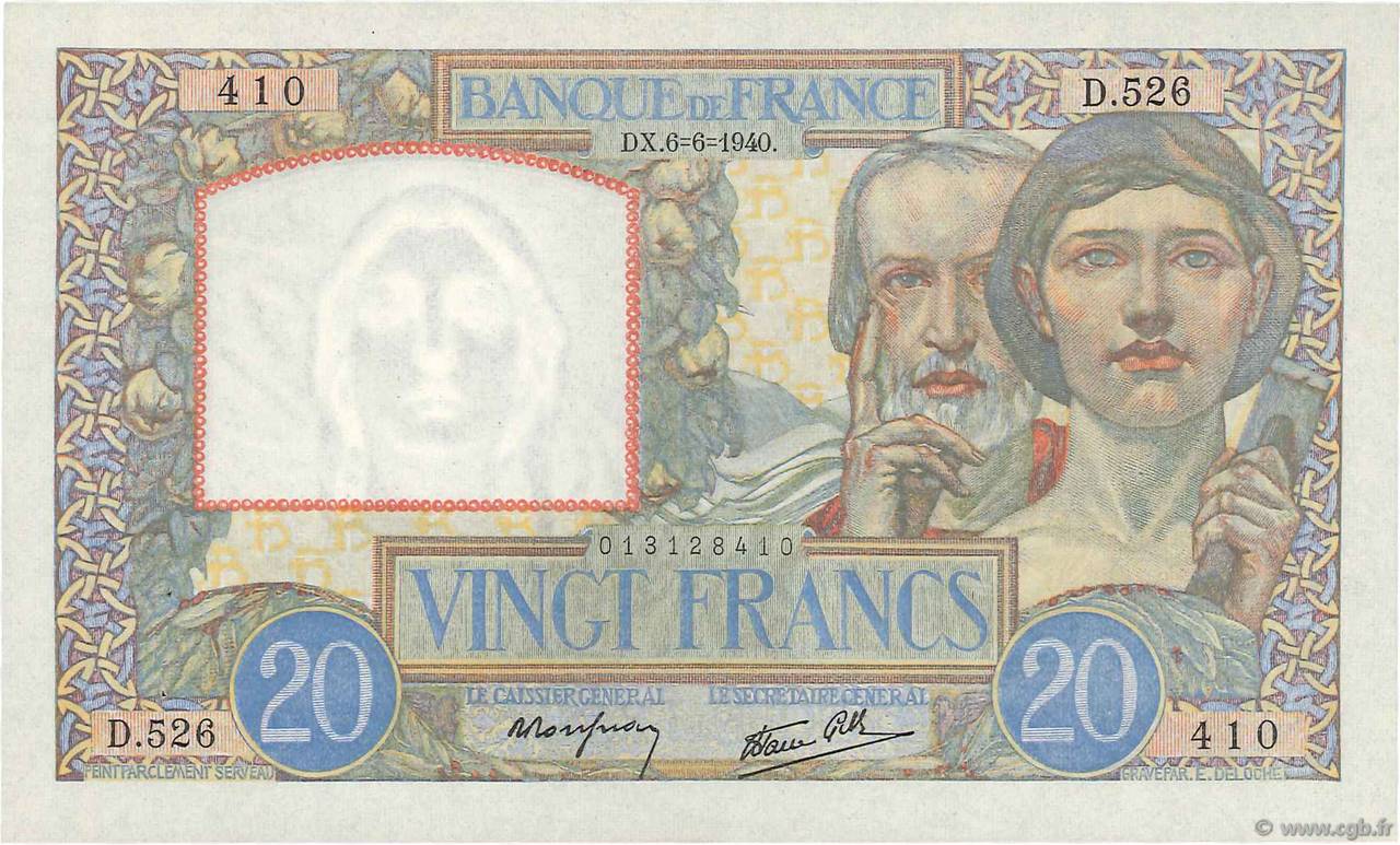 20 Francs TRAVAIL ET SCIENCE FRANCE  1940 F.12.03 SPL