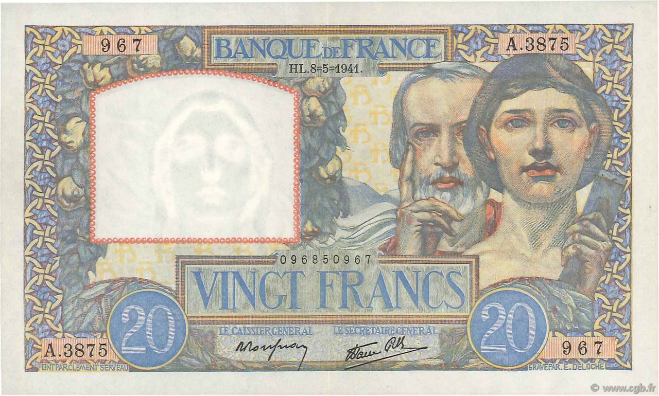 20 Francs TRAVAIL ET SCIENCE FRANCE  1941 F.12.14 SPL