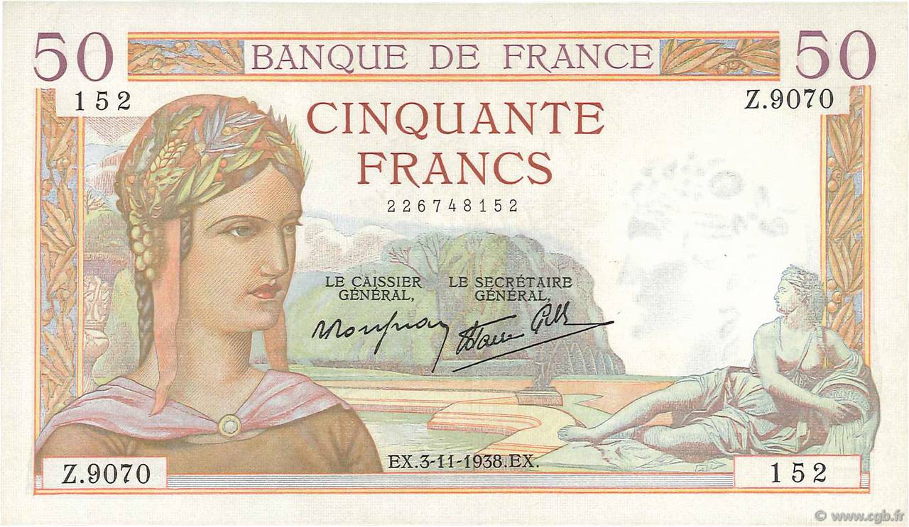 50 Francs CÉRÈS modifié FRANCE  1938 F.18.18 NEUF