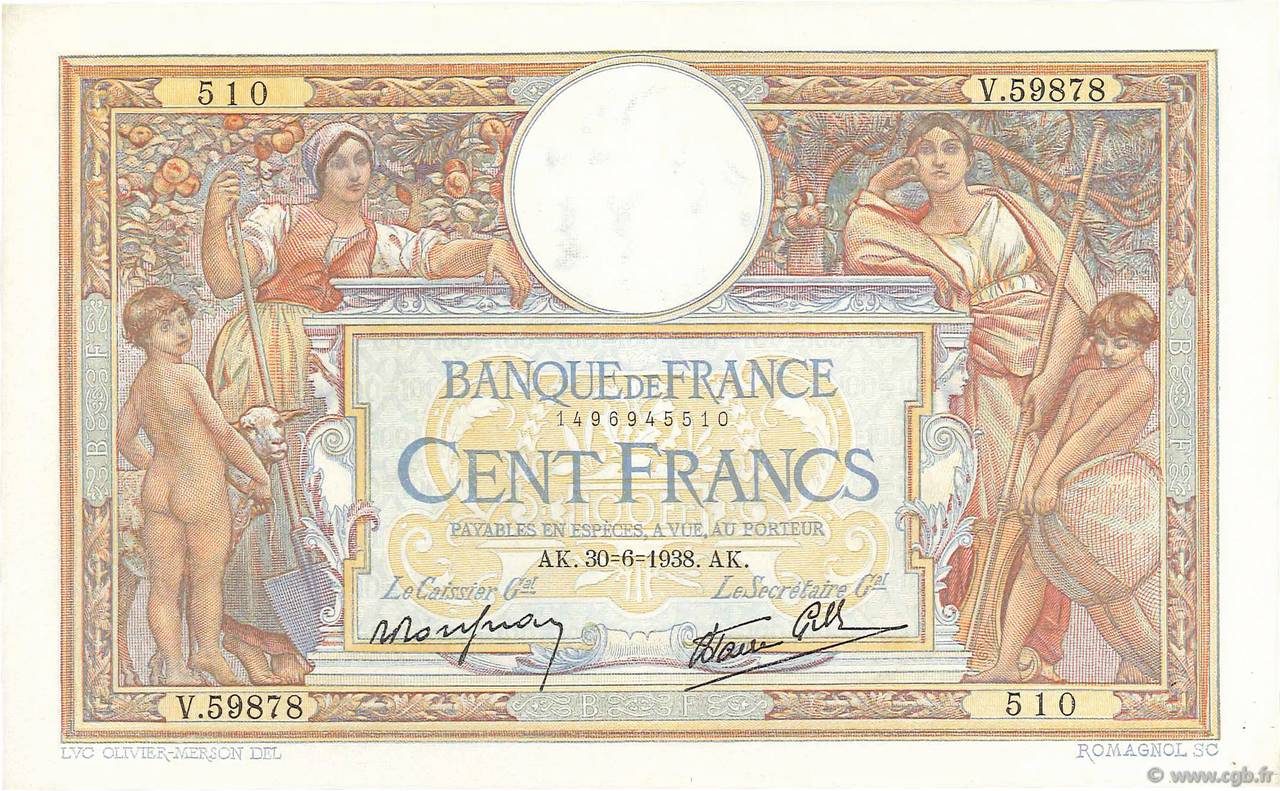 100 Francs LUC OLIVIER MERSON type modifié FRANCE  1938 F.25.24 SPL+