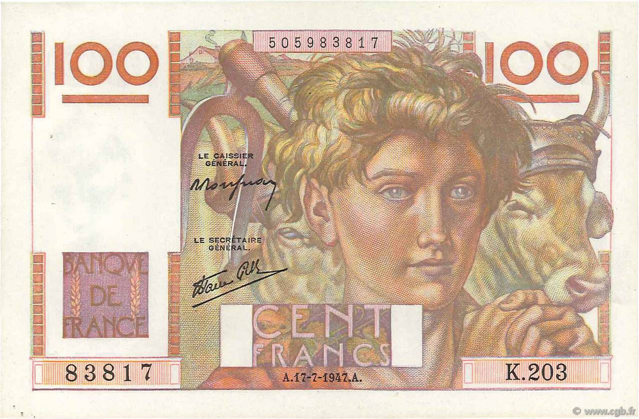 100 Francs JEUNE PAYSAN Favre-Gilly FRANCE  1947 F.28ter.01 pr.SPL