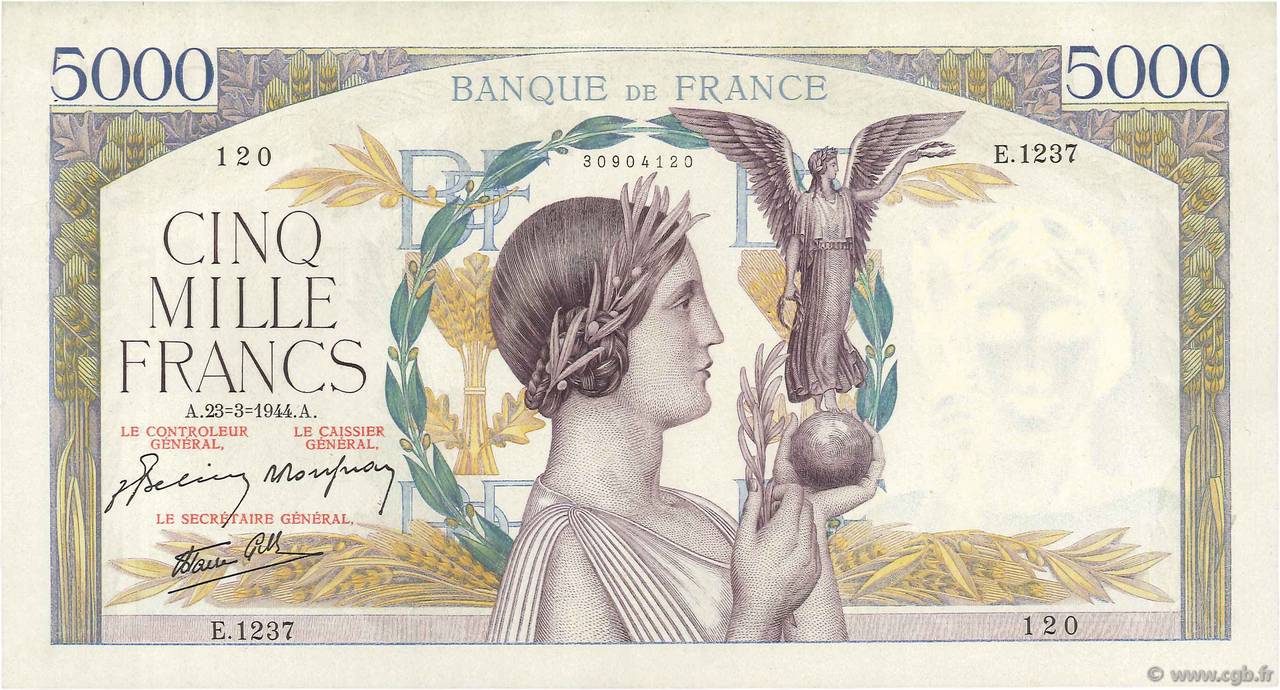 5000 Francs VICTOIRE Impression à plat FRANCIA  1944 F.46.50 q.AU