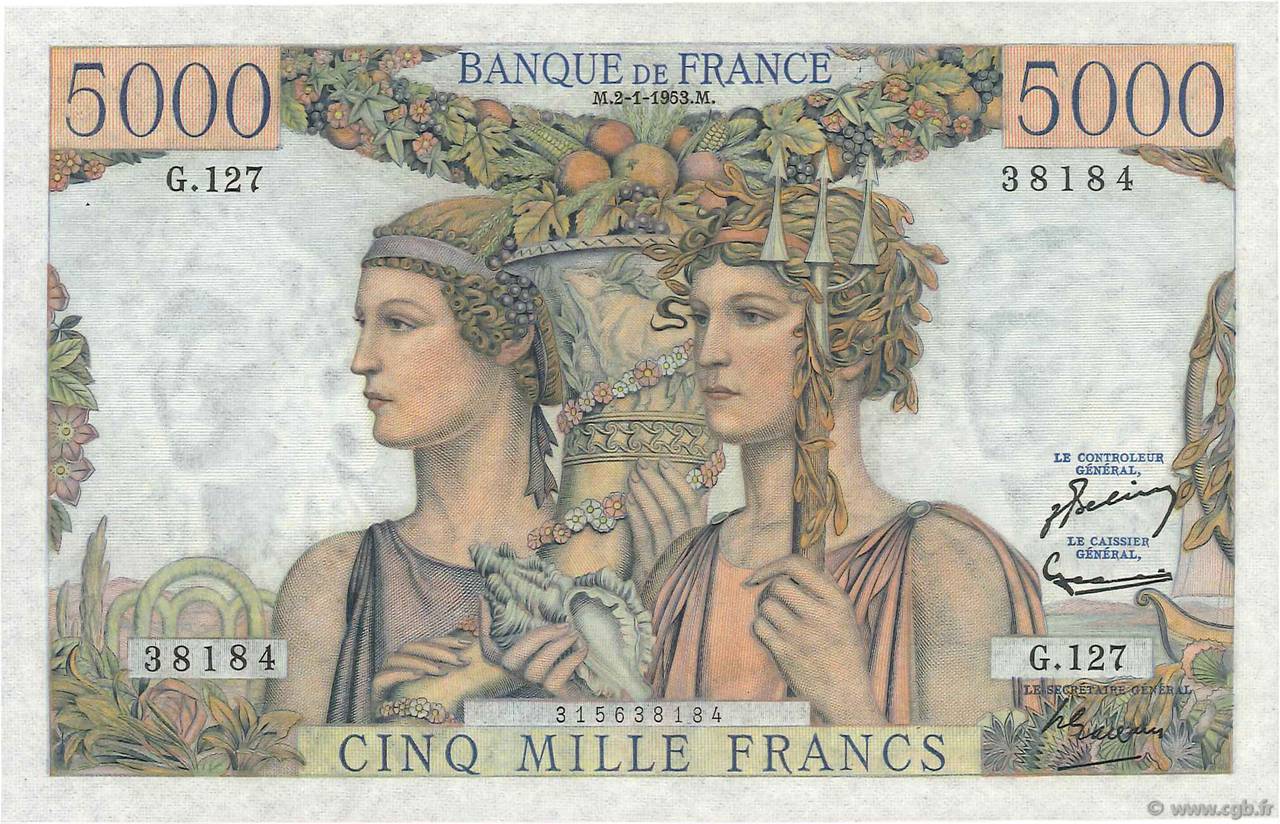 5000 Francs TERRE ET MER FRANCIA  1953 F.48.08 AU