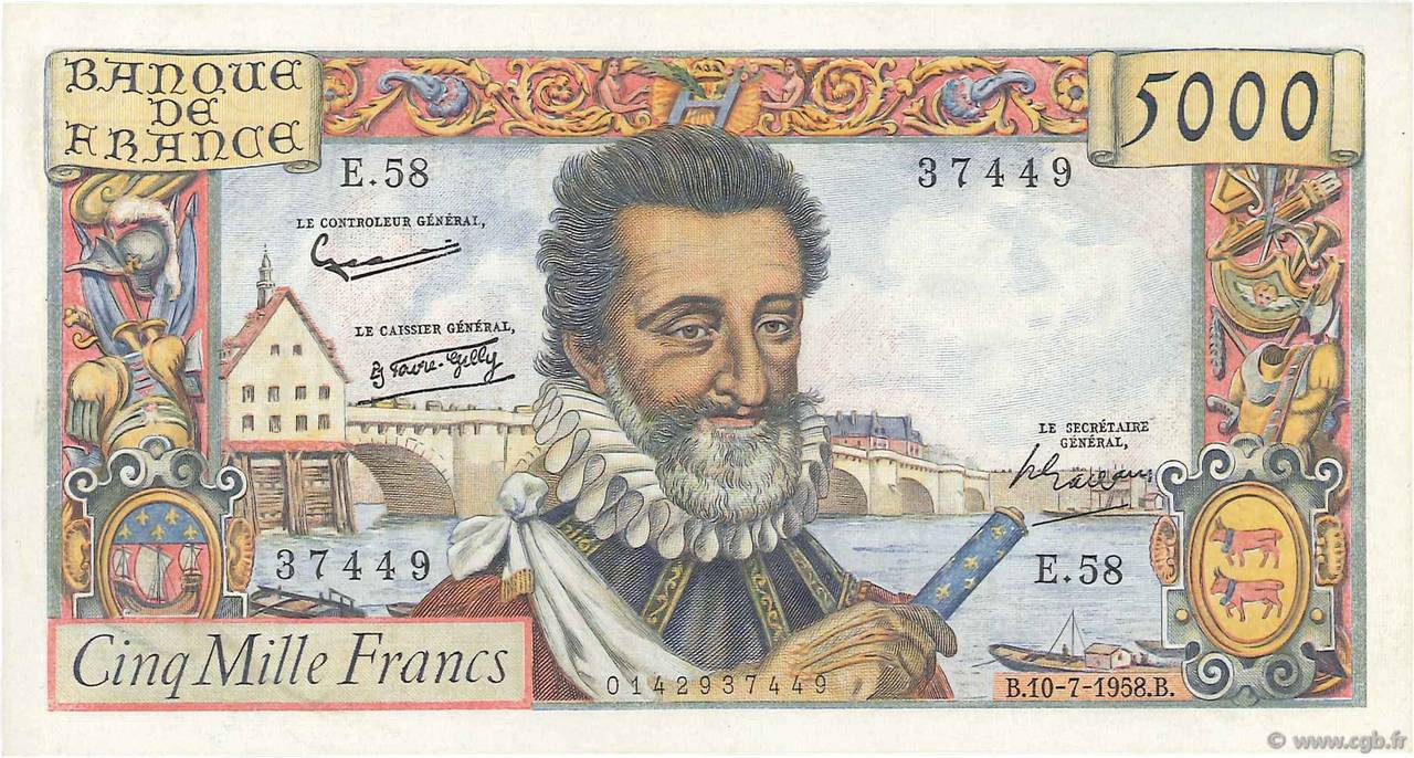 5000 Francs HENRI IV FRANKREICH  1958 F.49.07 VZ