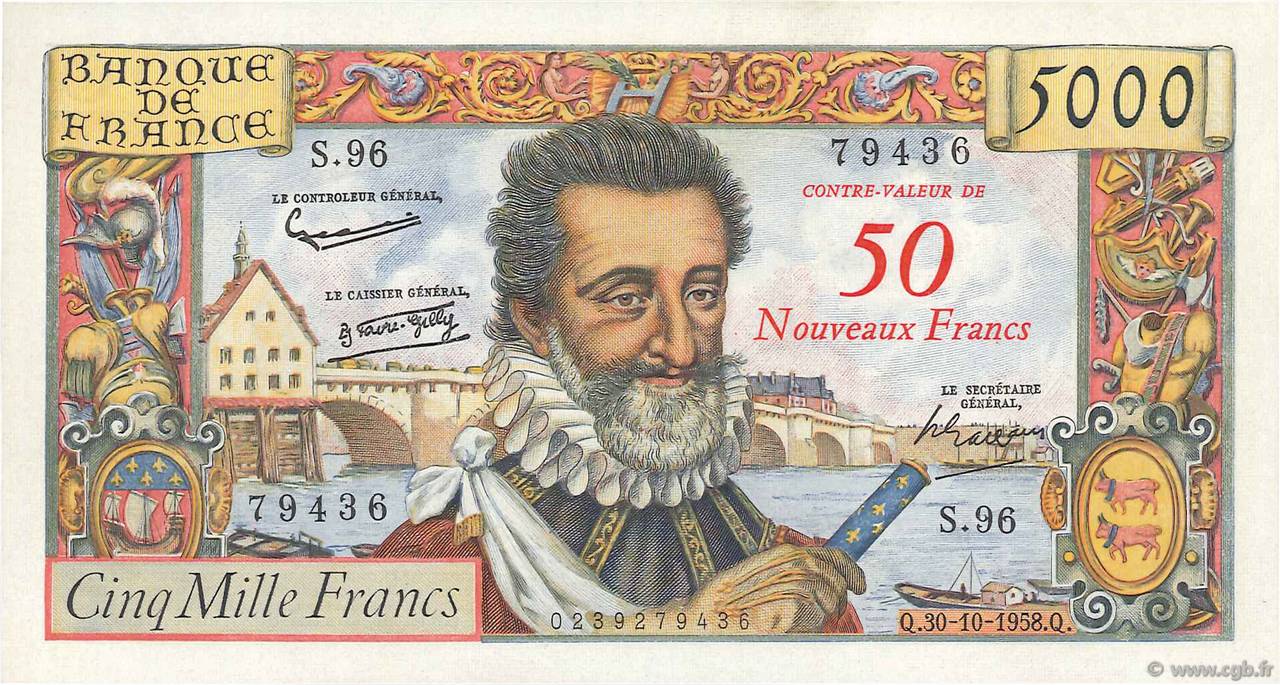 50 NF sur 5000 Francs HENRI IV FRANKREICH  1958 F.54.01 fST+