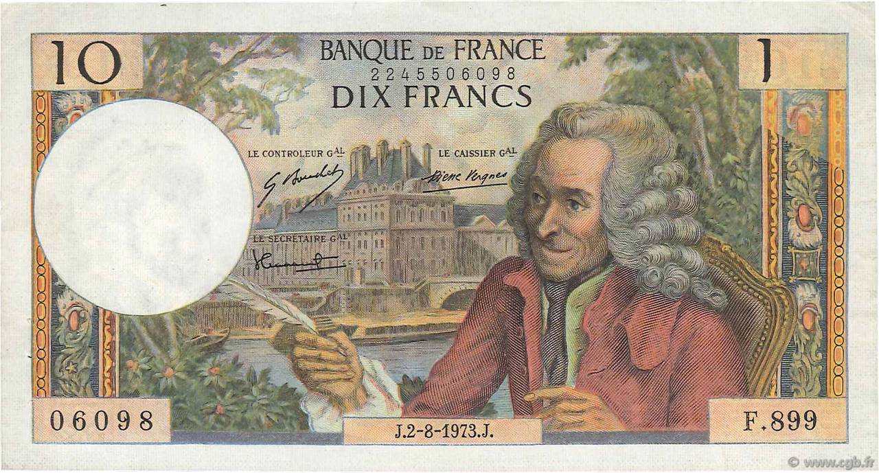 10 Francs VOLTAIRE Fauté FRANCE  1973 F.62.63 TTB+