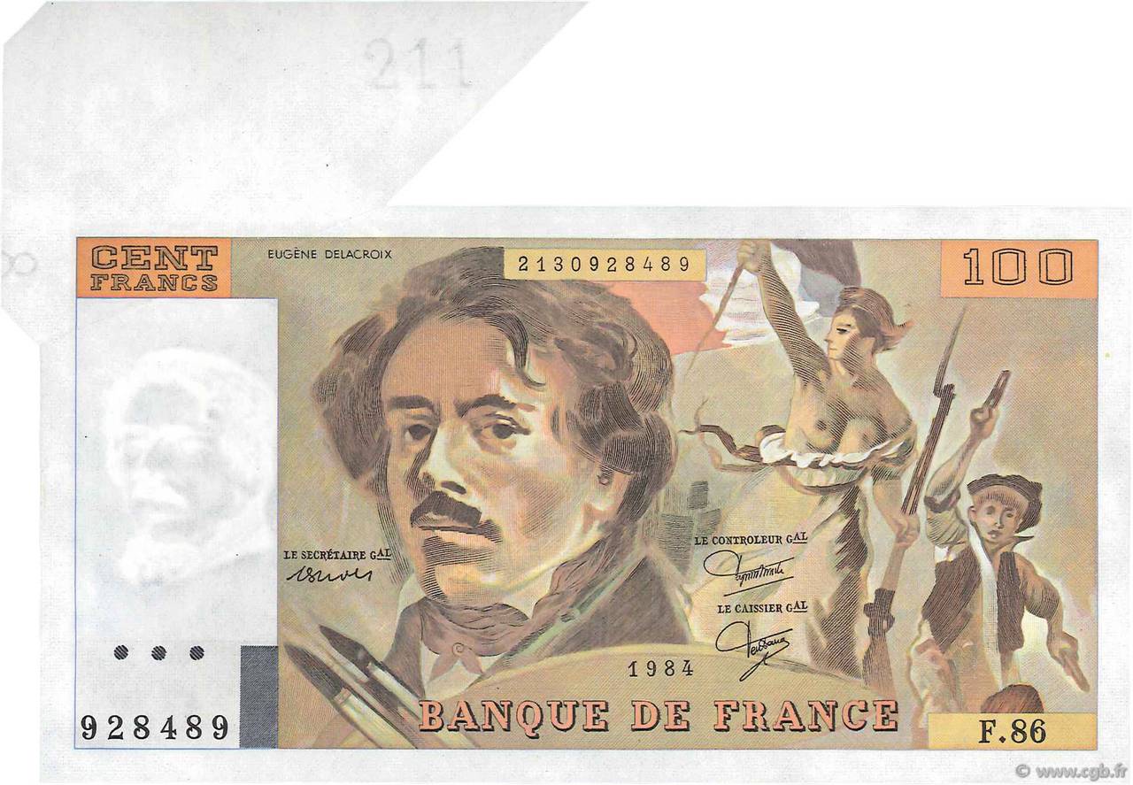 100 Francs DELACROIX modifié Fauté FRANCE  1984 F.69.08a pr.NEUF