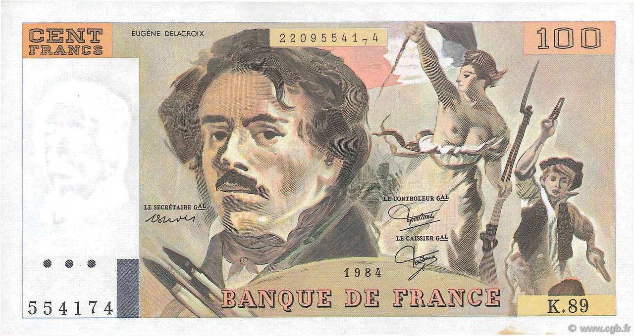 100 Francs DELACROIX modifié Fauté FRANKREICH  1984 F.69.08b VZ