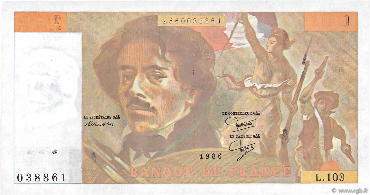 100 Francs DELACROIX modifié Fauté FRANCE  1986 F.69.10 UNC-