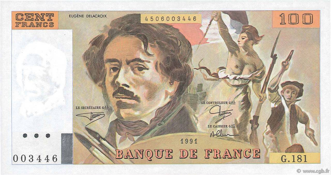 100 Francs DELACROIX imprimé en continu FRANCE  1991 F.69bis.03b1 pr.NEUF