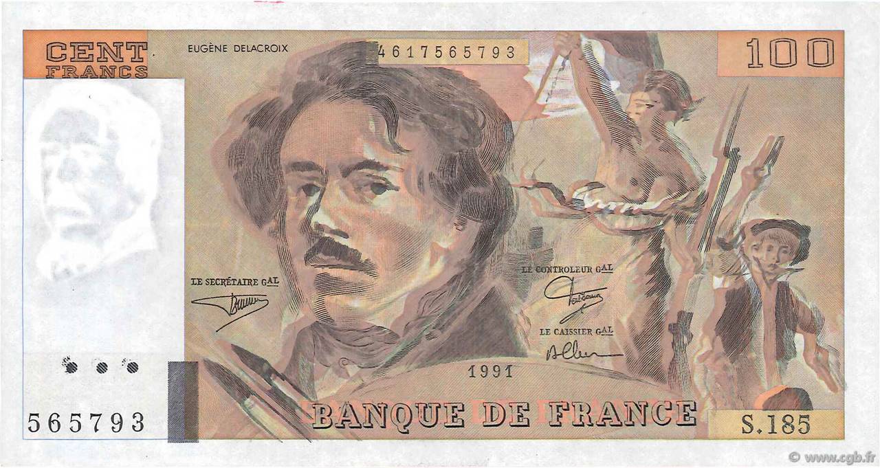 100 Francs DELACROIX imprimé en continu Fauté FRANCIA  1991 F.69bis.03b2 q.SPL