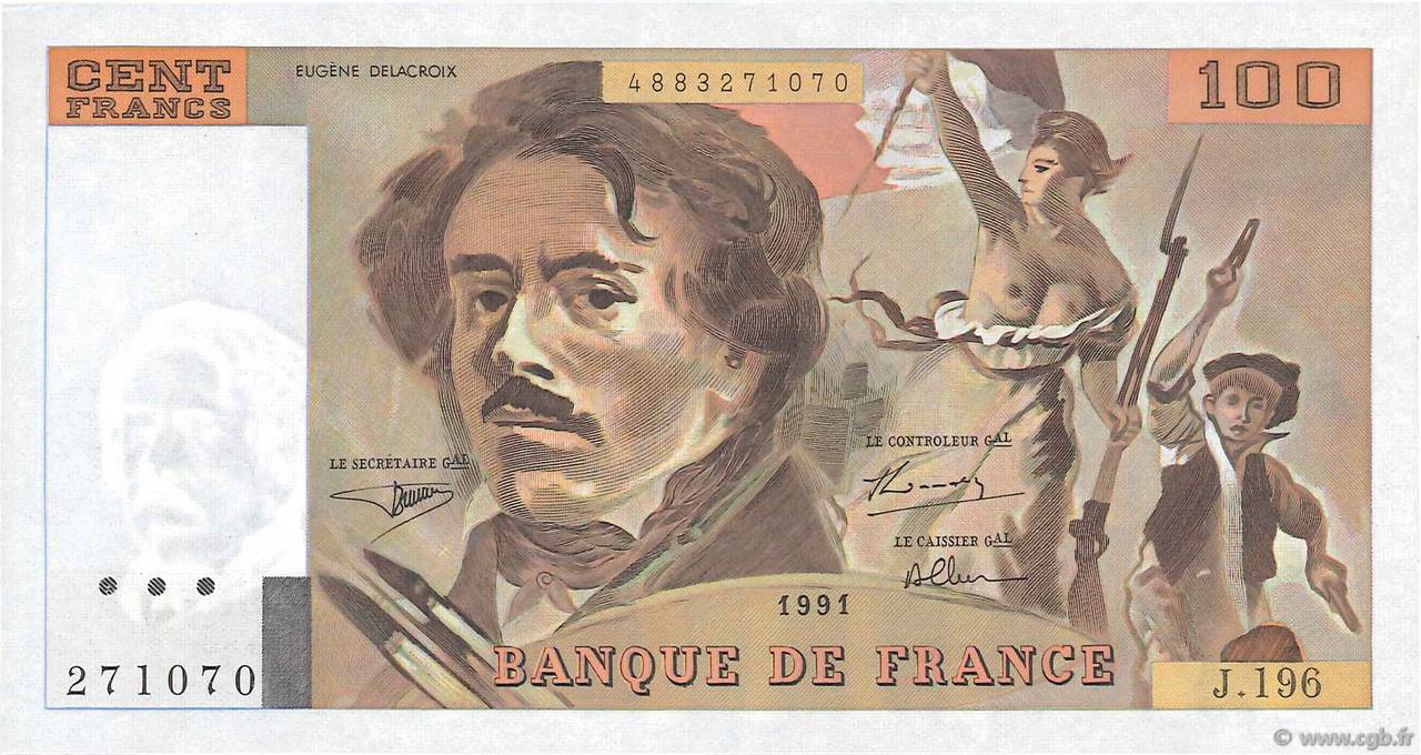 100 Francs DELACROIX imprimé en continu Fauté FRANCE  1991 F.69bis.04a pr.NEUF
