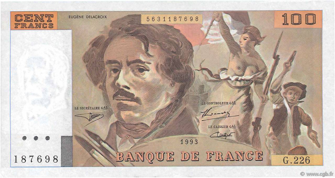 100 Francs DELACROIX imprimé en continu Fauté FRANKREICH  1993 F.69bis.08 fST